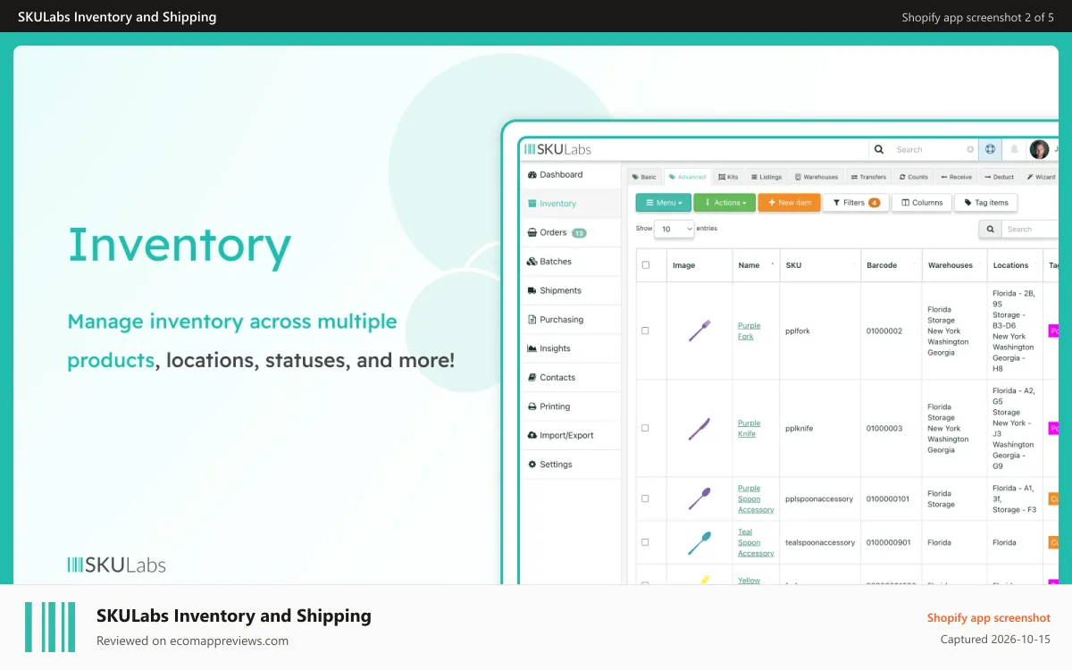 SKULabs Inventory and Shipping Shopify app screenshot: Manage inventory across multiple stores by location, sold, etc.