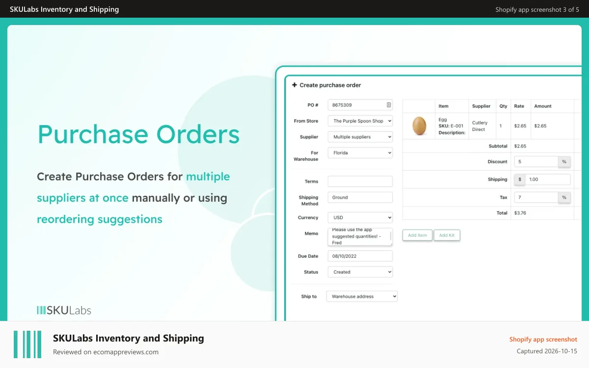 SKULabs Inventory and Shipping Shopify app screenshot: Create purchase orders for individual suppliers or one account