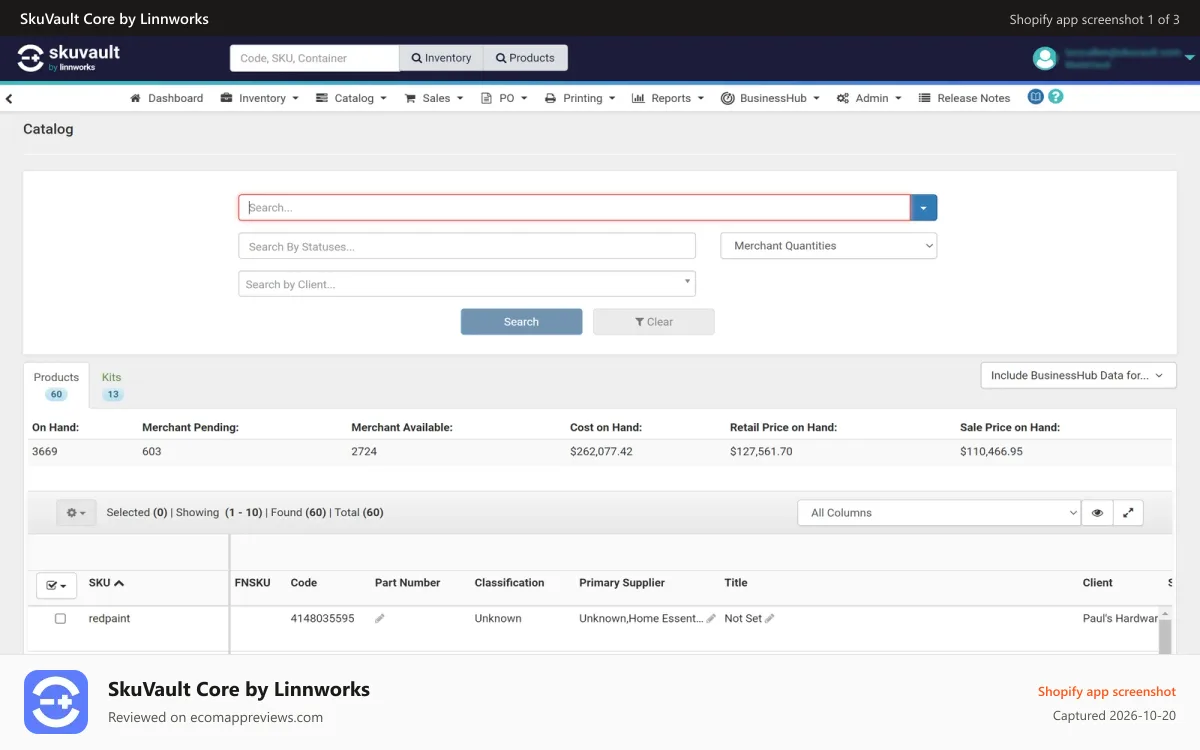 SkuVault Core by Linnworks Shopify app screenshot: SkuVault Catalog Screenshot