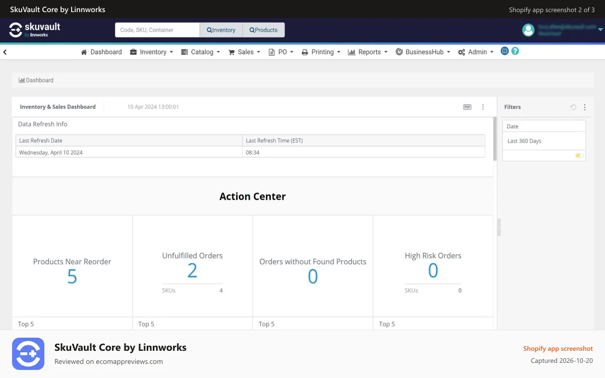 SkuVault Core by Linnworks Shopify app screenshot: SkuVault Dashboard Screenshot