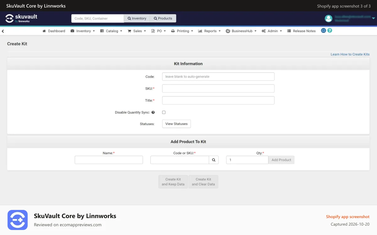 SkuVault Core by Linnworks Shopify app screenshot: SkuVault Kits Screenshot