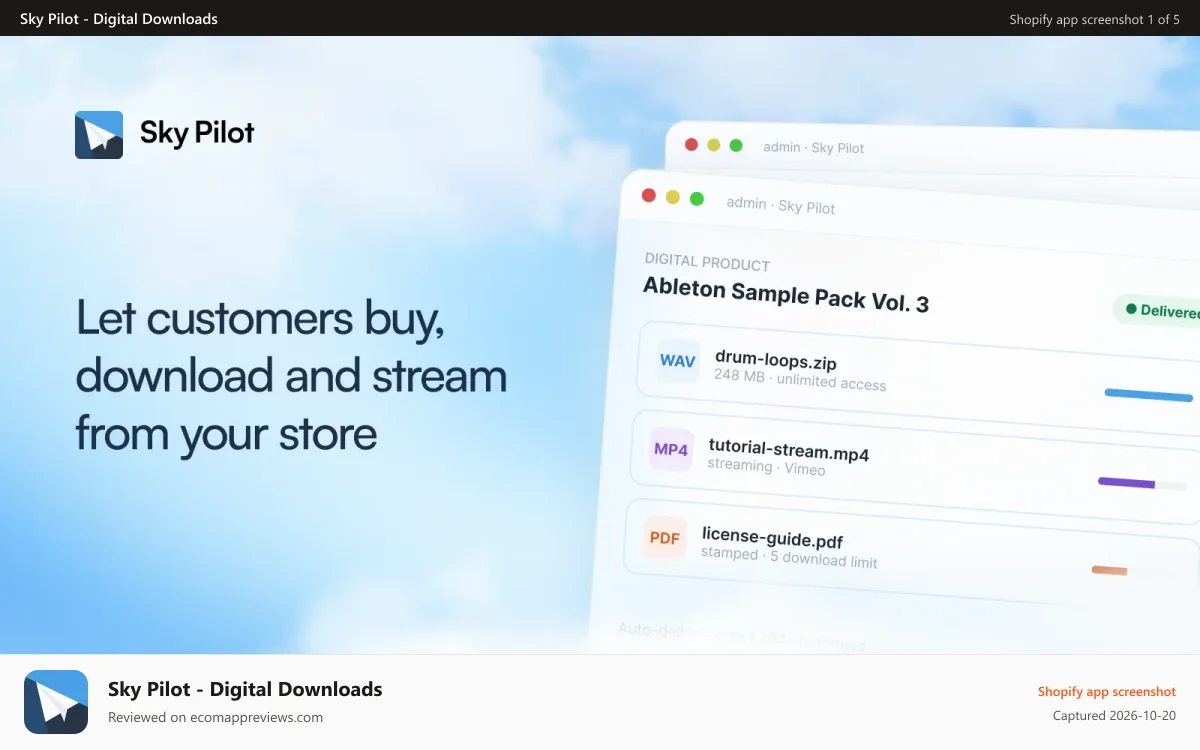Sky Pilot ‑ Digital Downloads Shopify app screenshot: Drive more sales with AI File Recommender