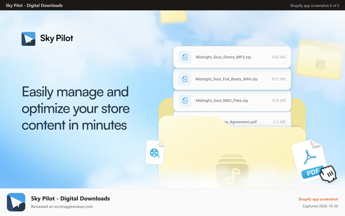 Sky Pilot ‑ Digital Downloads Shopify app screenshot: Deliver the digital products immediately upon purchase.