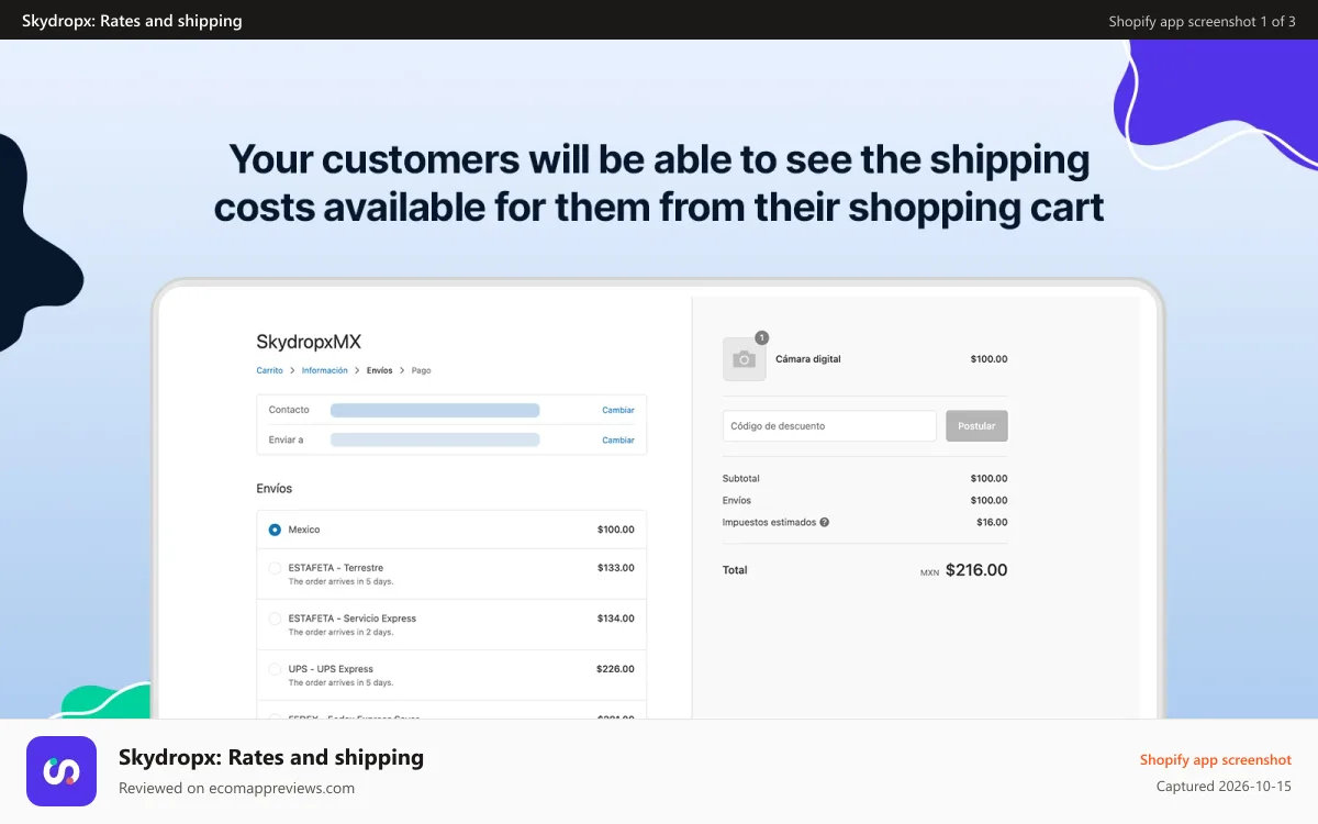Skydropx: Rates and shipping Shopify app screenshot: Shipping cost in your cart