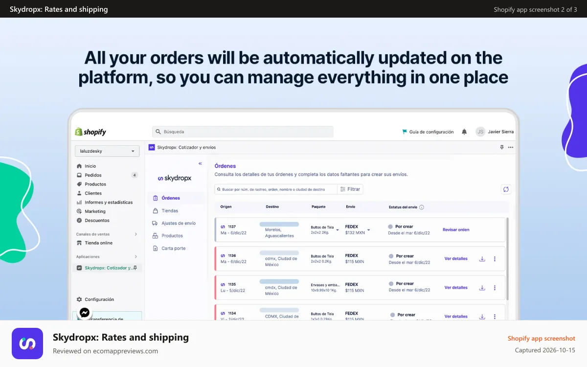 Skydropx: Rates and shipping Shopify app screenshot: Optimize times when creating your guides