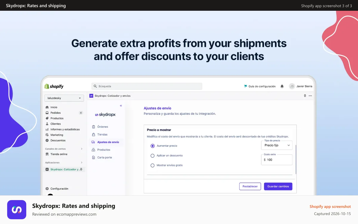 Skydropx: Rates and shipping Shopify app screenshot: Earn extra earnings or offer discounts to your customers