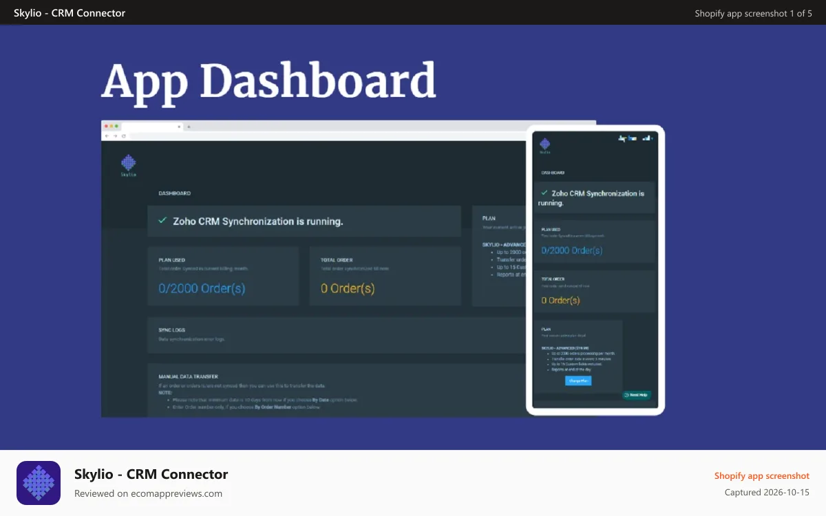 Skylio ‑ CRM Connector Shopify app screenshot: App Dashboard.