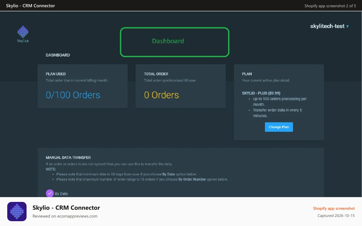 Skylio ‑ CRM Connector Shopify app screenshot: Reporting Dashboard. All Settings and Report are available here.
