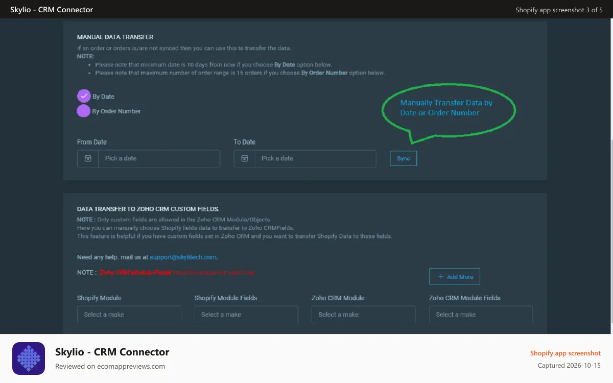 Skylio ‑ CRM Connector Shopify app screenshot: Synchronize data manually between Dates or by Order Number