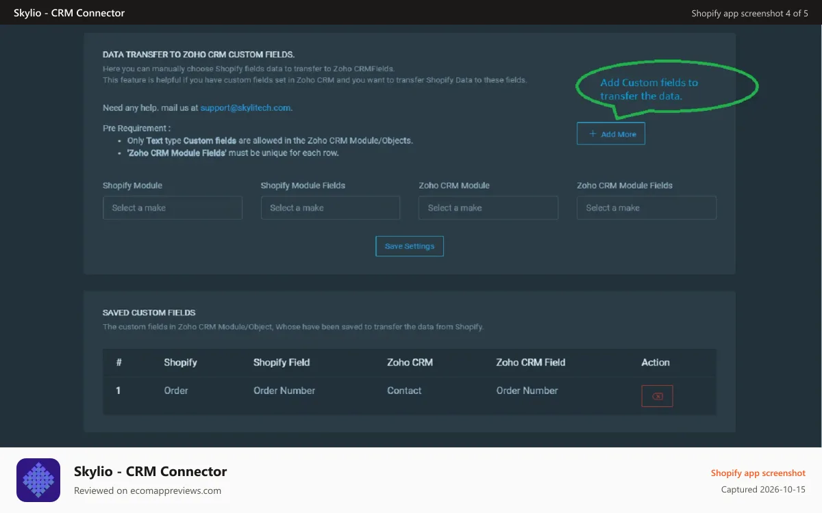 Skylio ‑ CRM Connector Shopify app screenshot: Custom fields mapping support.