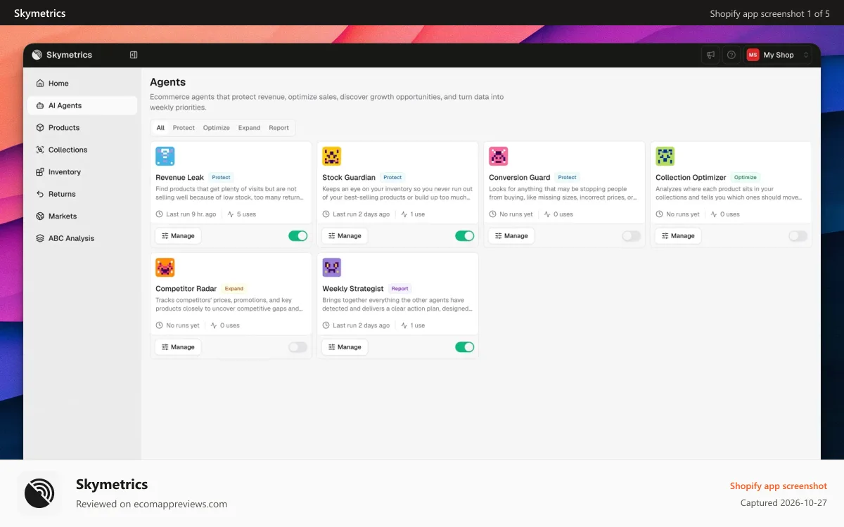 Skymetrics Shopify app screenshot: AI Agents