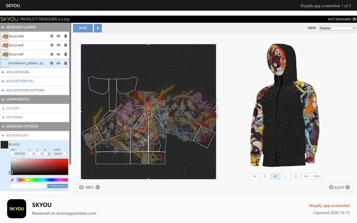 SKYOU Shopify app screenshot: custom hoodie all over print