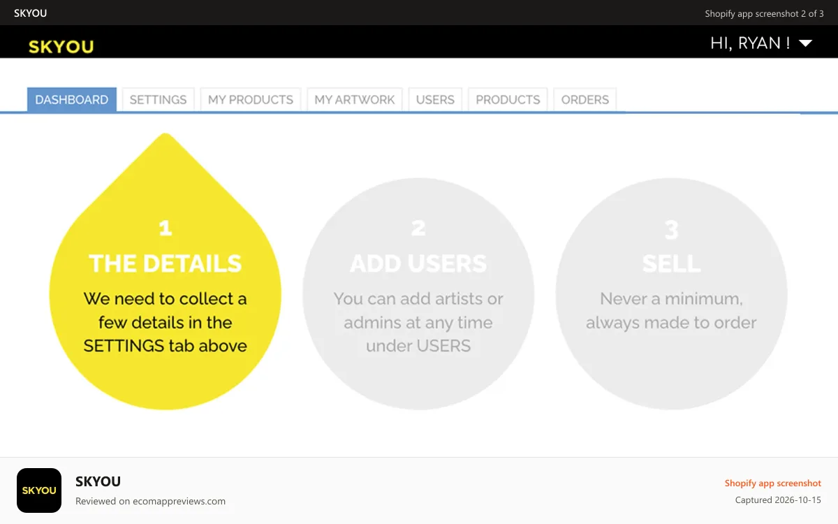 SKYOU Shopify app screenshot: skyou user customization dashboard