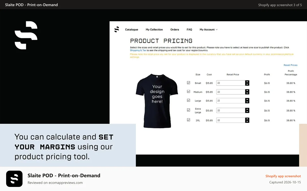Slaite POD ‑ Print‑on‑Demand Shopify app screenshot: Margin setting capabilities