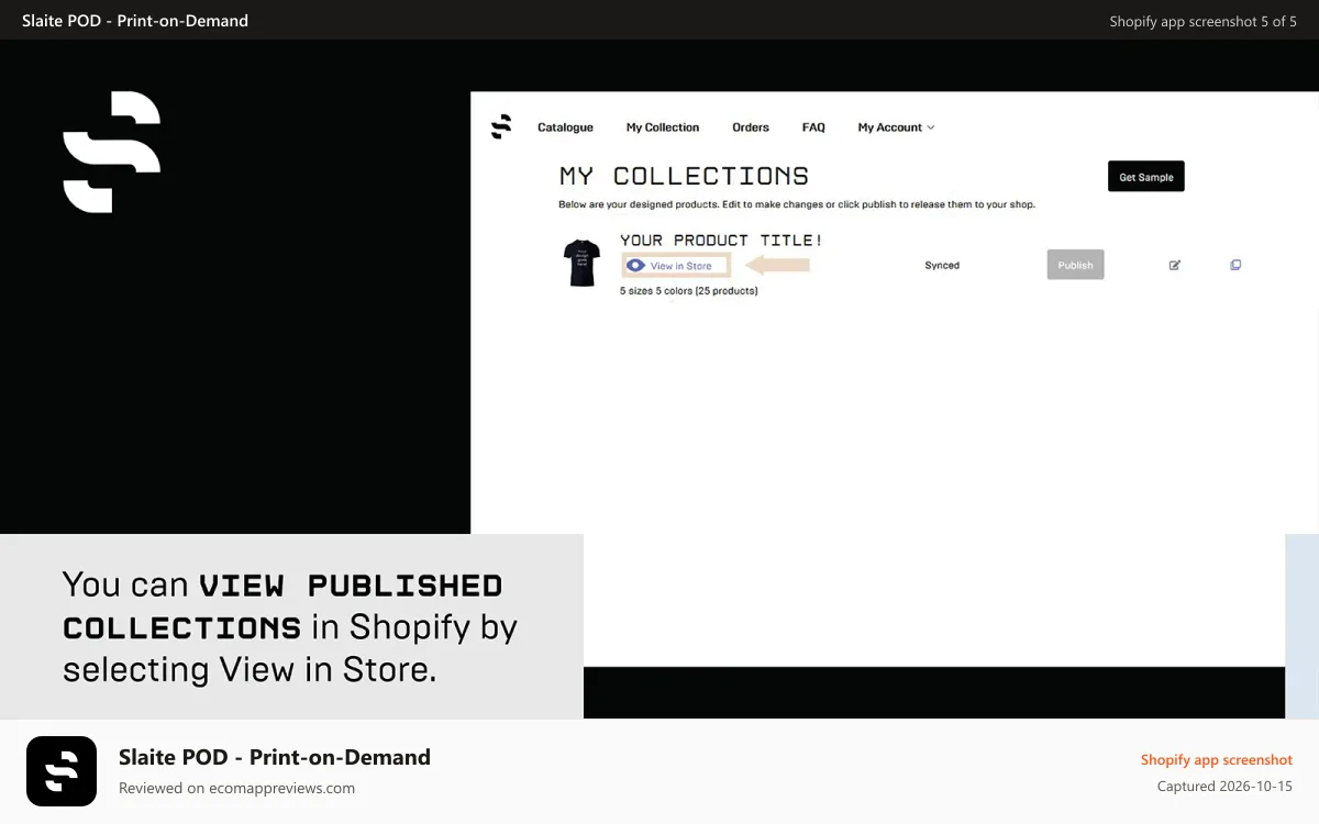 Slaite POD ‑ Print‑on‑Demand Shopify app screenshot: View published collections in Shopify