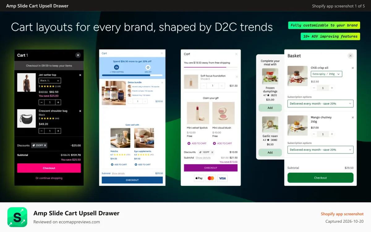 Amp Slide Cart Upsell Drawer Shopify app screenshot: Boost AOV instantly with our slide cart drawer & cart upsell