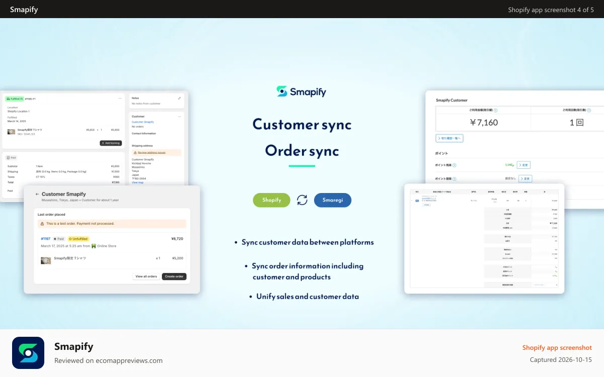 Smapify Shopify app screenshot: Customer and Order sync