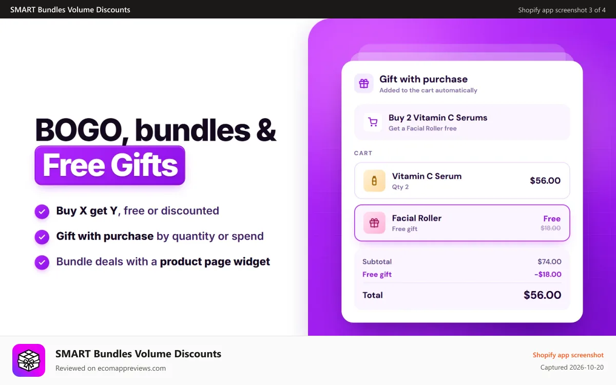 SMART Bundles Volume Discounts Shopify app screenshot: BOGO & free gift with purchase: Buy X Get Y bundle deals