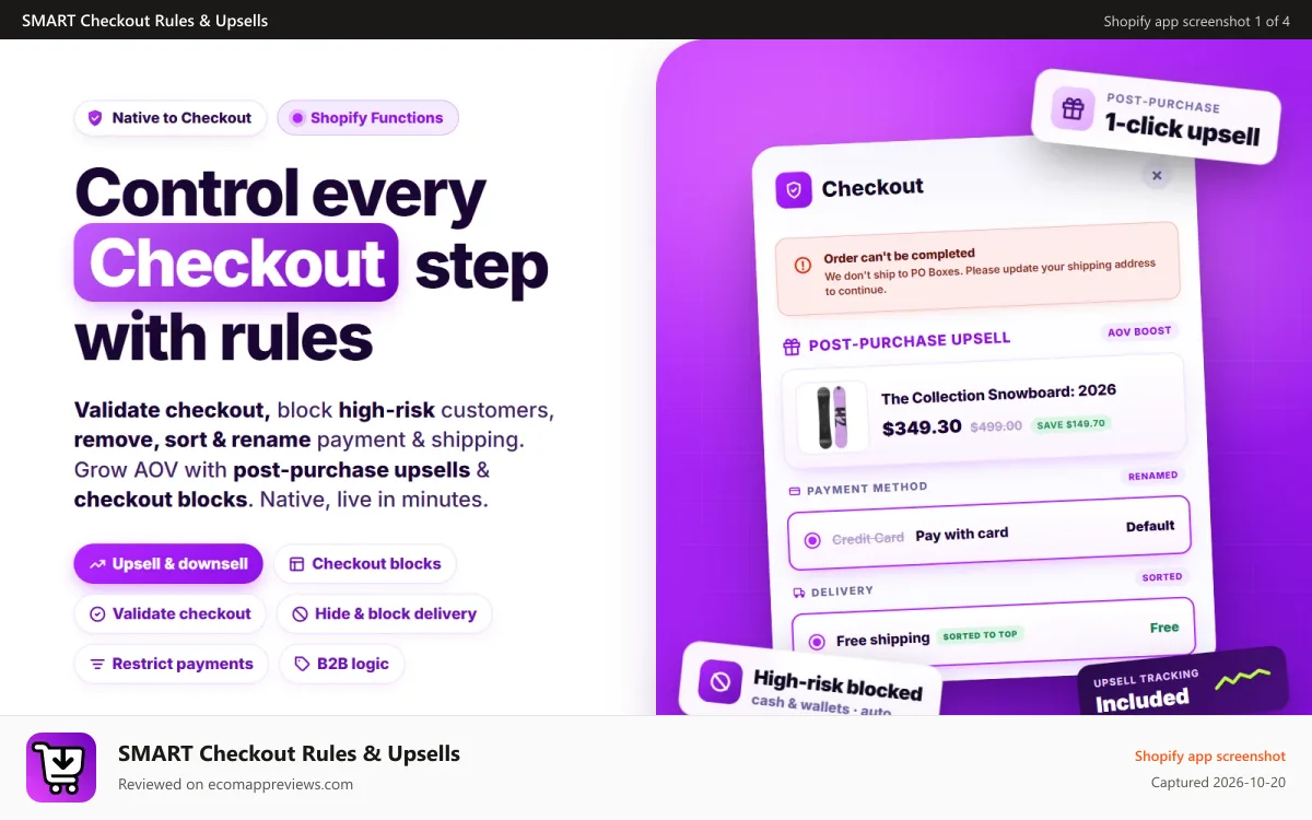 SMART Checkout Rules & Upsells Shopify app screenshot: Control every checkout step with checkout rules