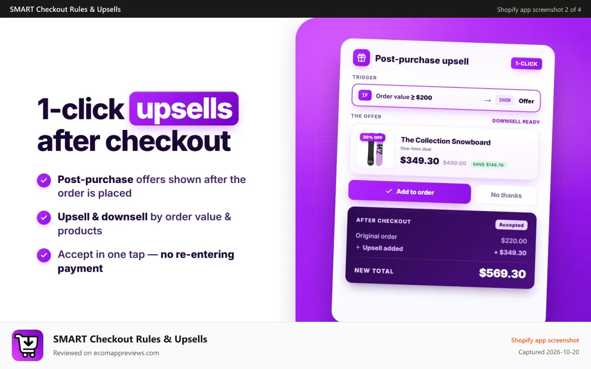 SMART Checkout Rules & Upsells Shopify app screenshot: 1-click post purchase upsell after checkout to boost order value