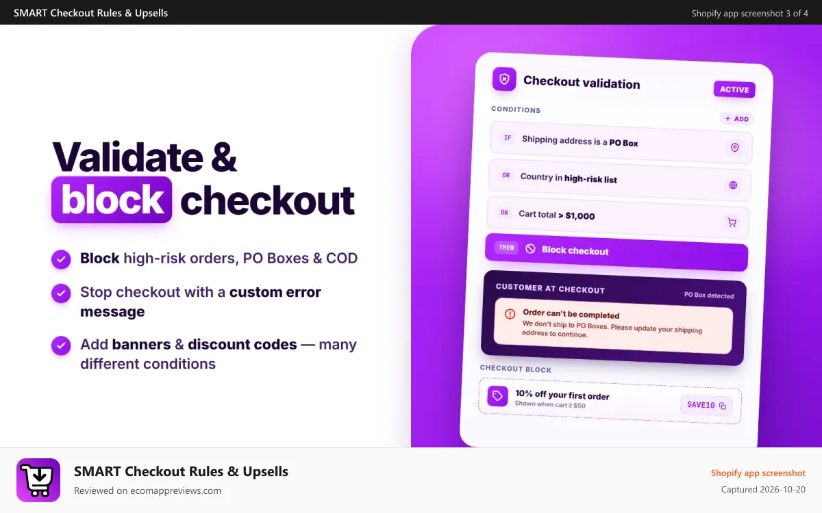 SMART Checkout Rules & Upsells Shopify app screenshot: Validate & block checkout with custom rules and conditions