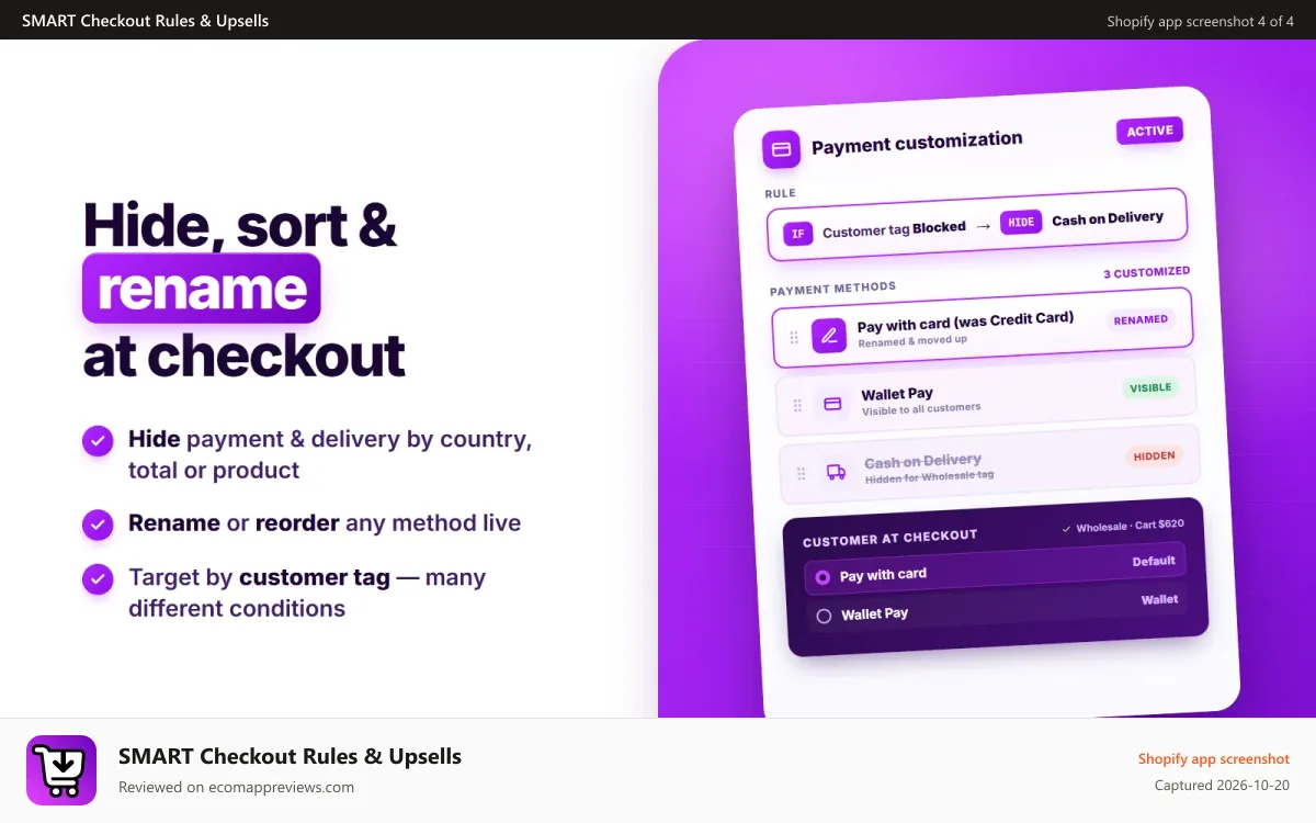 SMART Checkout Rules & Upsells Shopify app screenshot: Hide, sort & rename delivery/payment methods at checkout easily