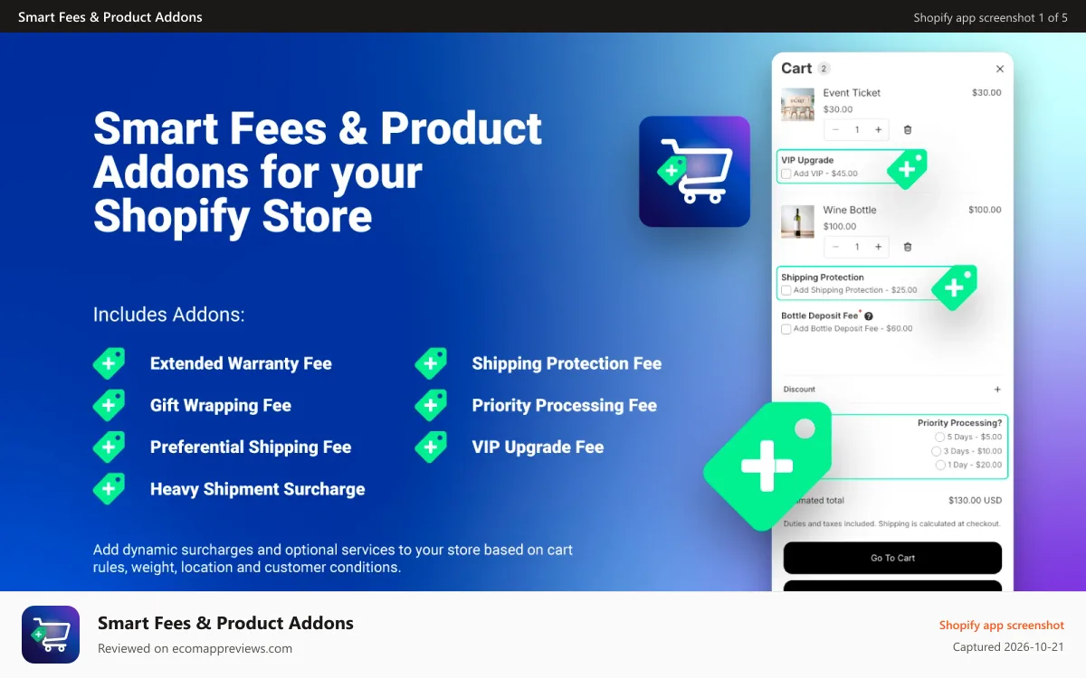 Smart Fees & Product Addons Shopify app screenshot: Smart Fees & Add-Ons main image