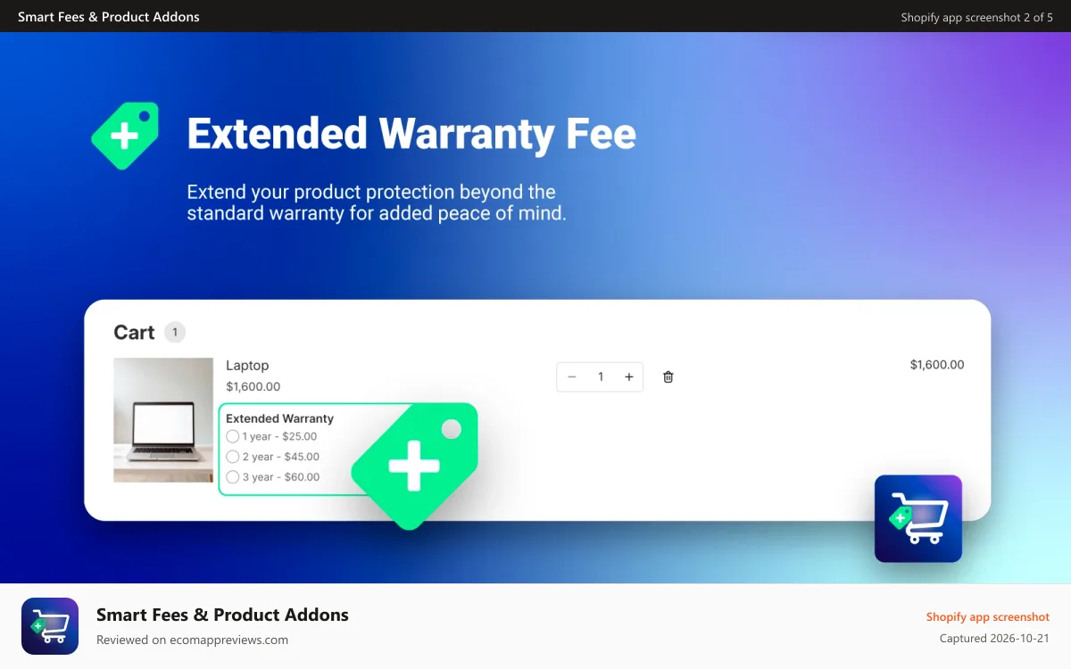 Smart Fees & Product Addons Shopify app screenshot: Smart Fees & Add-Ons Banner 1