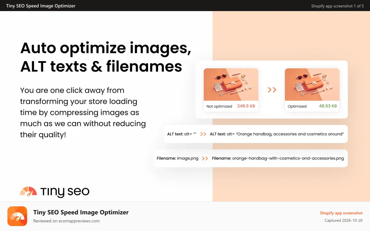 Tiny SEO Speed Image Optimizer Shopify app screenshot: Automatically optimize images, ALT texts & filenames