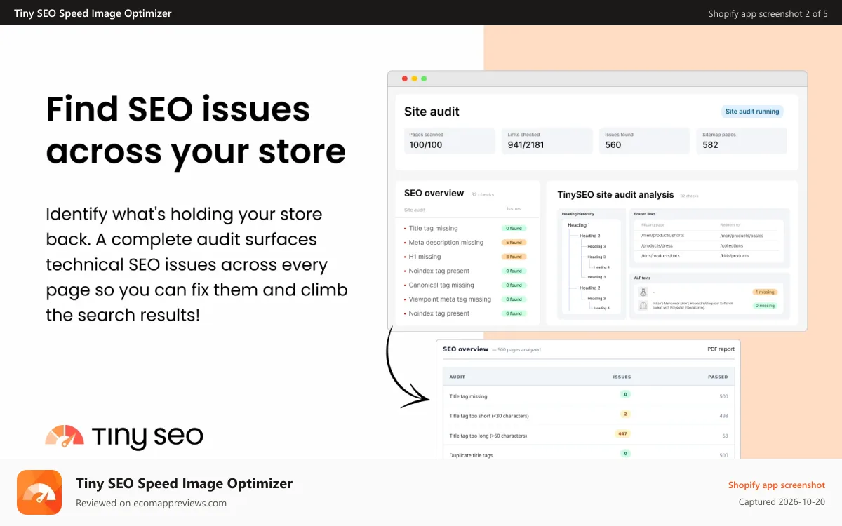Tiny SEO Speed Image Optimizer Shopify app screenshot: Run a complete audit for technical SEO issues across every page