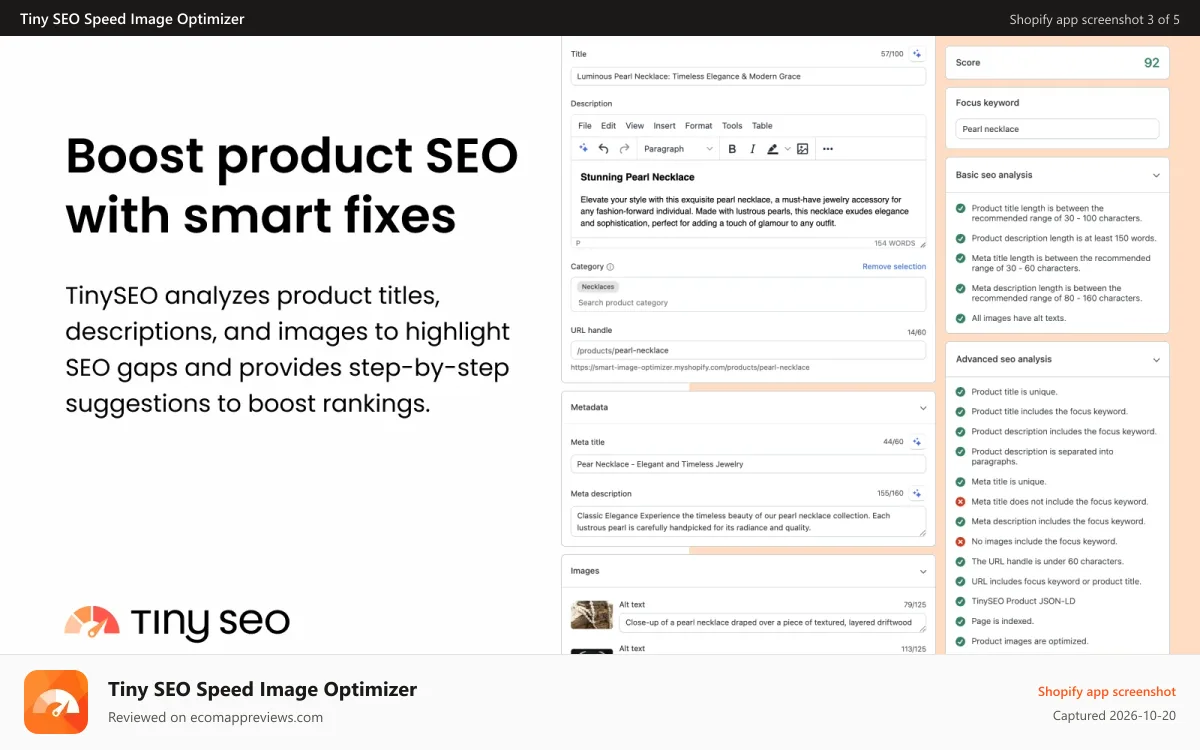 Tiny SEO Speed Image Optimizer Shopify app screenshot: Boost product SEO with smart fixes