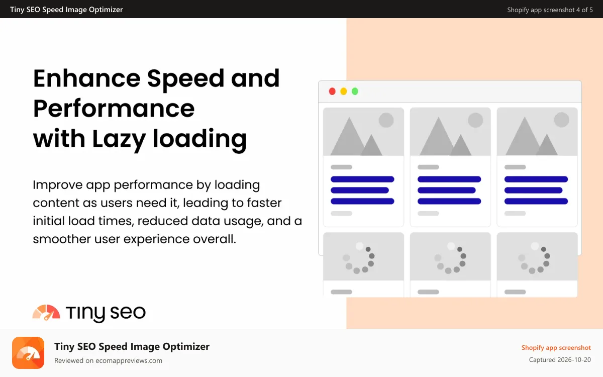 Tiny SEO Speed Image Optimizer Shopify app screenshot: Efficient and accelerated stores with Lazy Loading