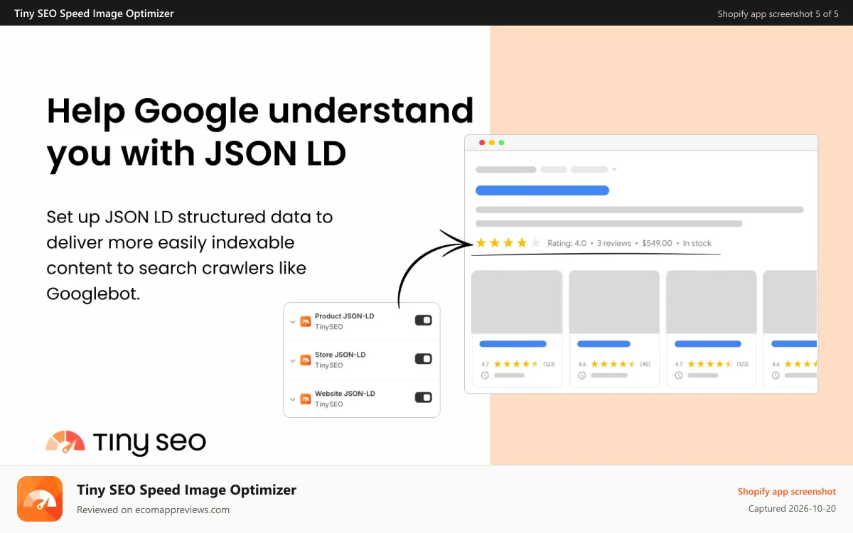 Tiny SEO Speed Image Optimizer Shopify app screenshot: Help google understand you with JSON LD structured data