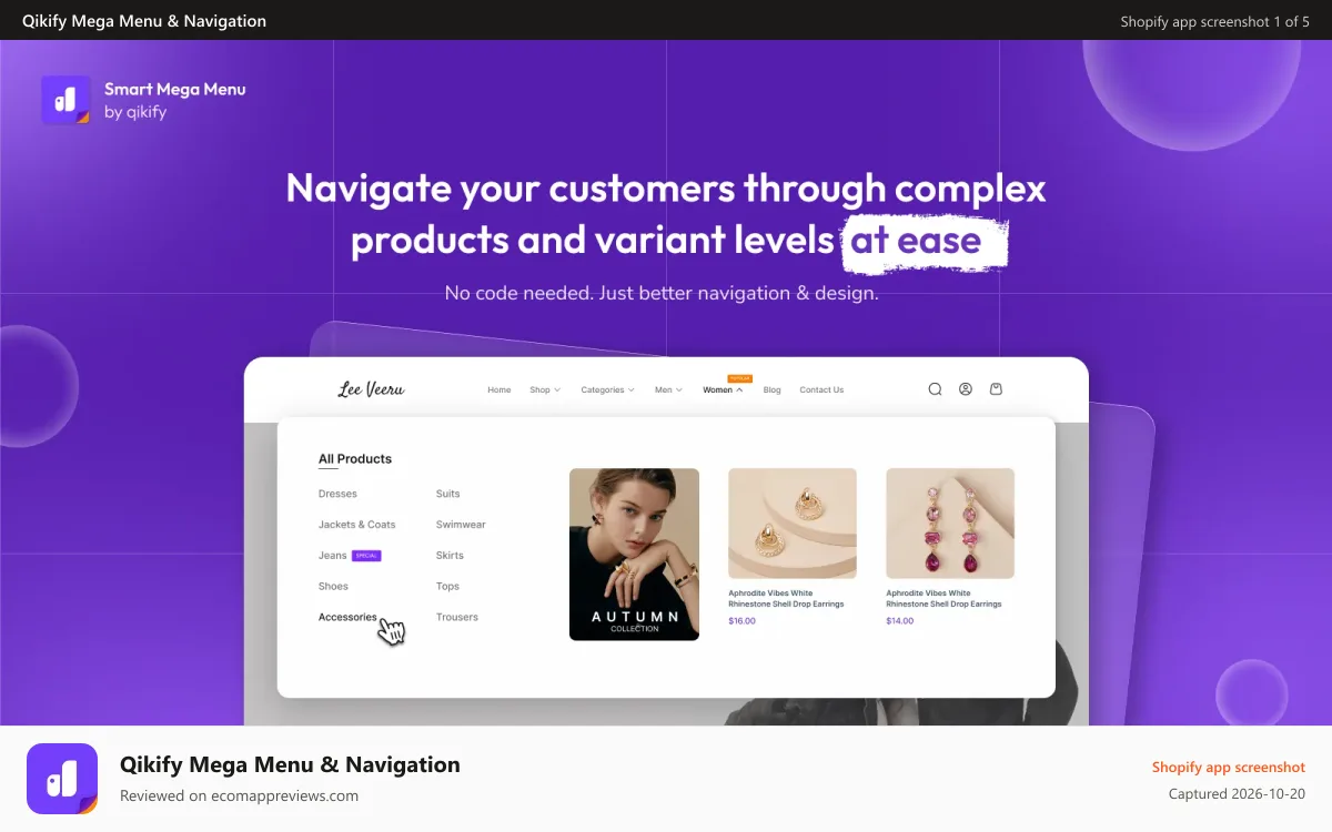 Qikify Mega Menu & Navigation Shopify app screenshot: Qikify smart menu to create store menu