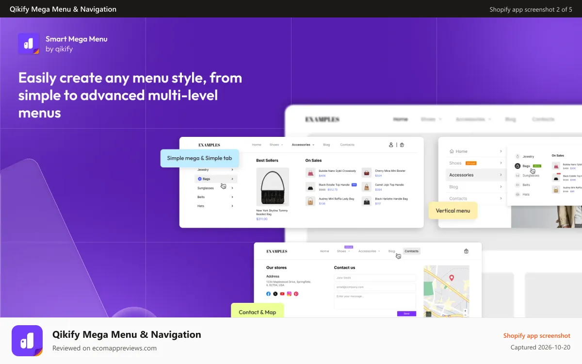 Qikify Mega Menu & Navigation Shopify app screenshot: Create simple mega, simple tab, vertical or contact & form menu