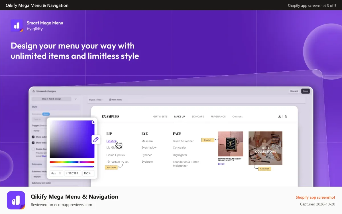 Qikify Mega Menu & Navigation Shopify app screenshot: Unlimited items and style customizations for menu on Shopify