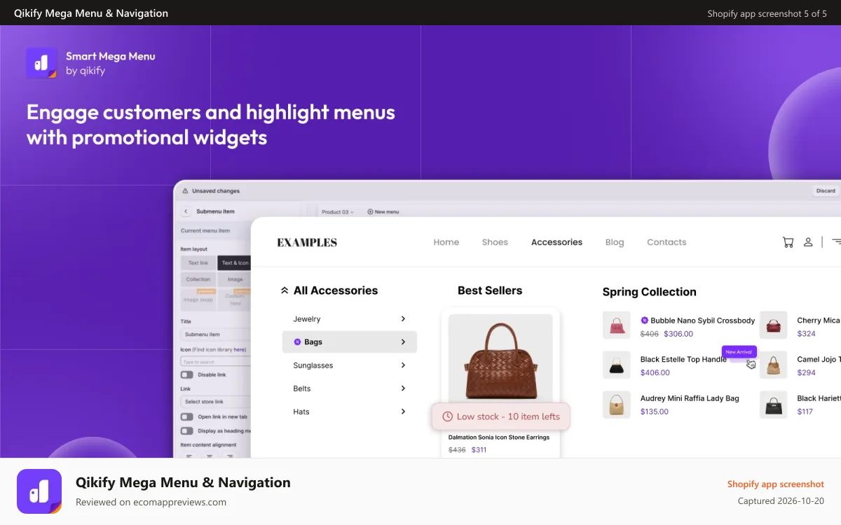 Qikify Mega Menu & Navigation Shopify app screenshot: Add promotional widgets to highlight Shopify menu