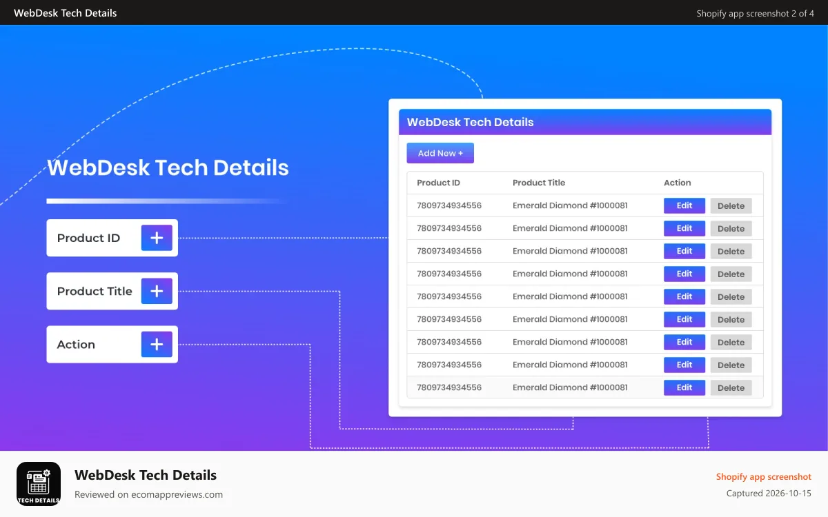 WebDesk Tech Details Shopify app screenshot: Add product additional information