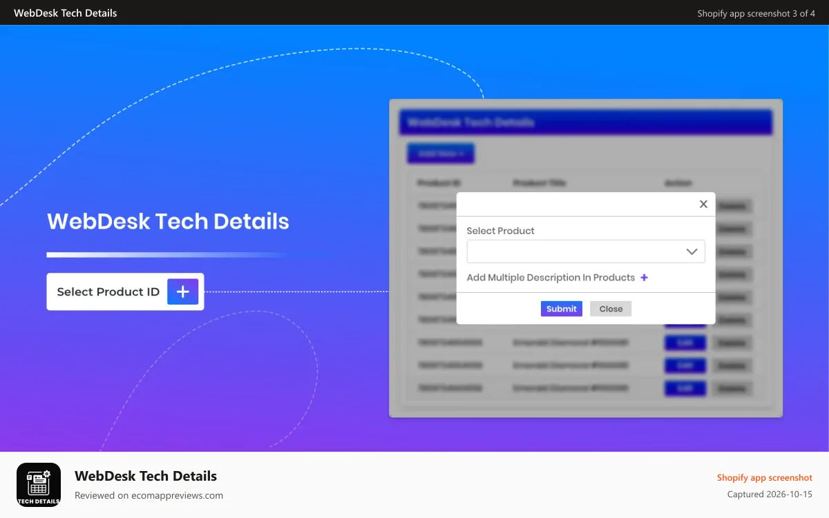 WebDesk Tech Details Shopify app screenshot: Update product Additional information