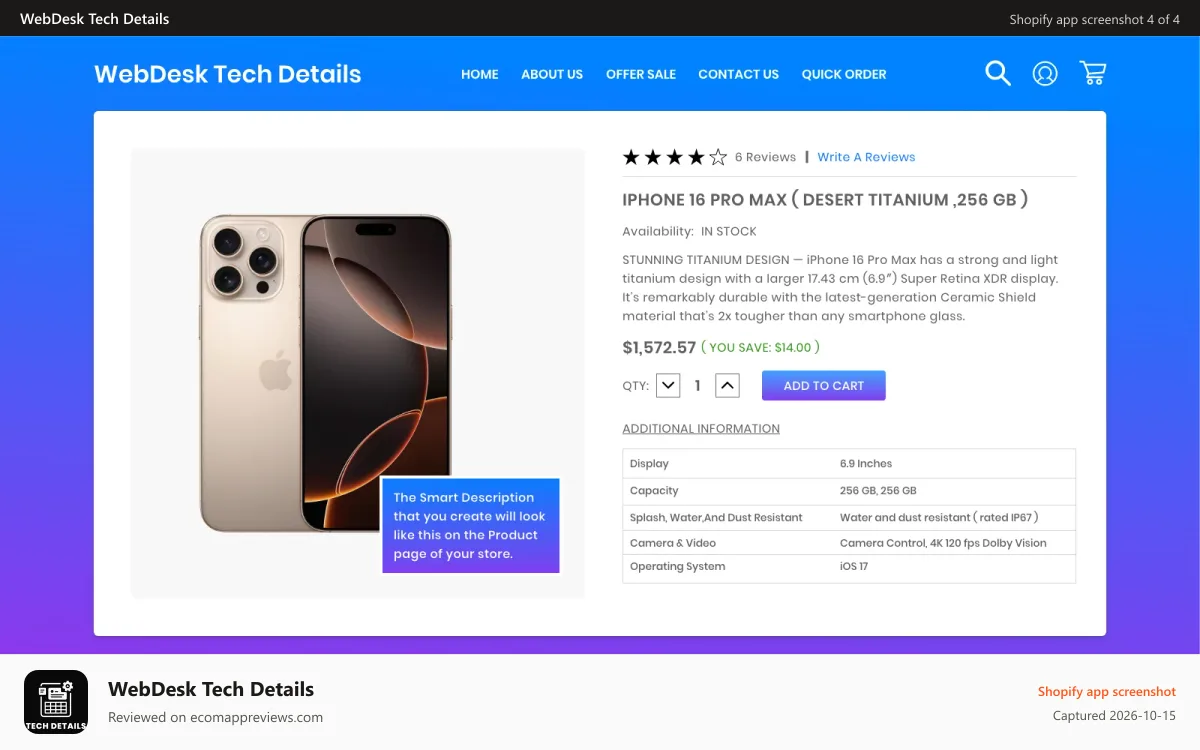 WebDesk Tech Details Shopify app screenshot: Front side products description show on the product details page