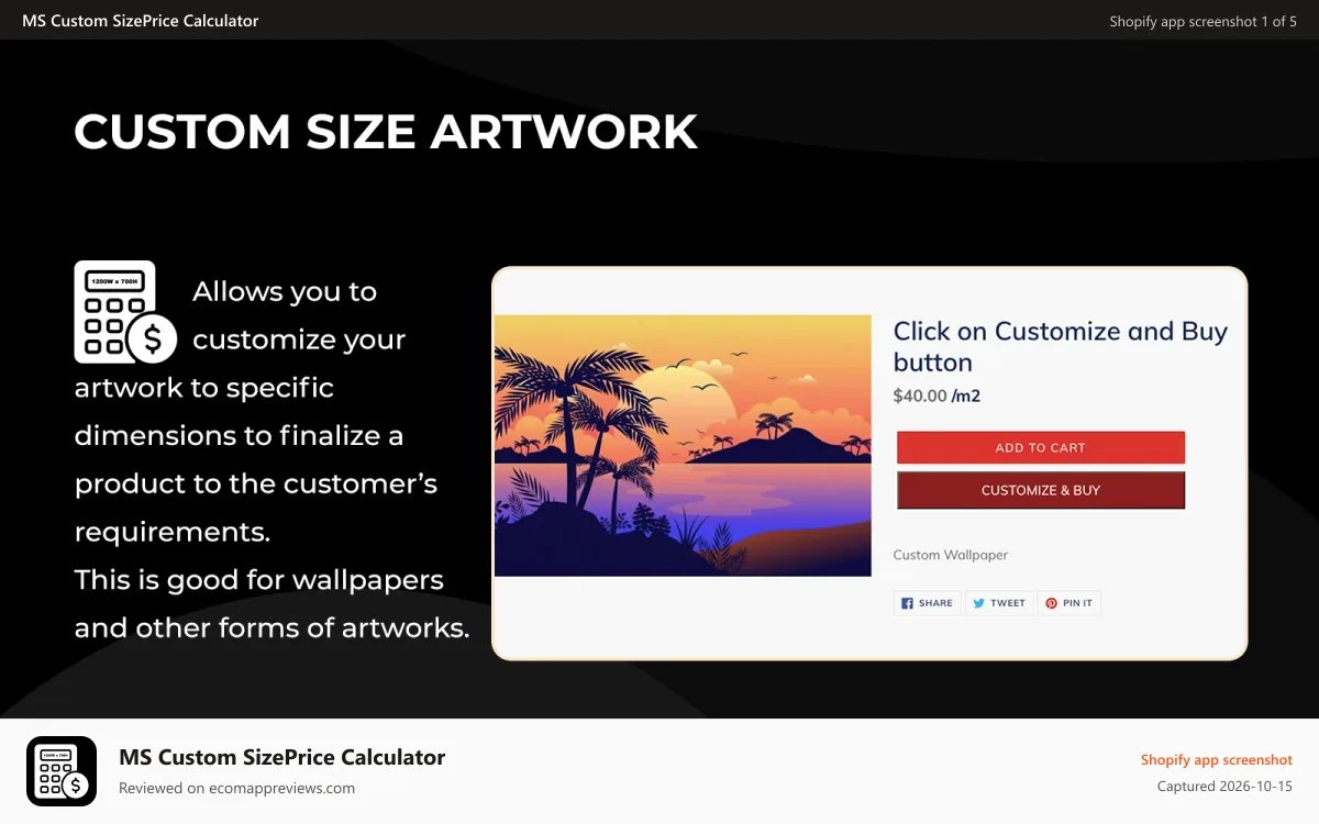 MS Custom SizePrice Calculator Shopify app screenshot: Custom Price Calculator