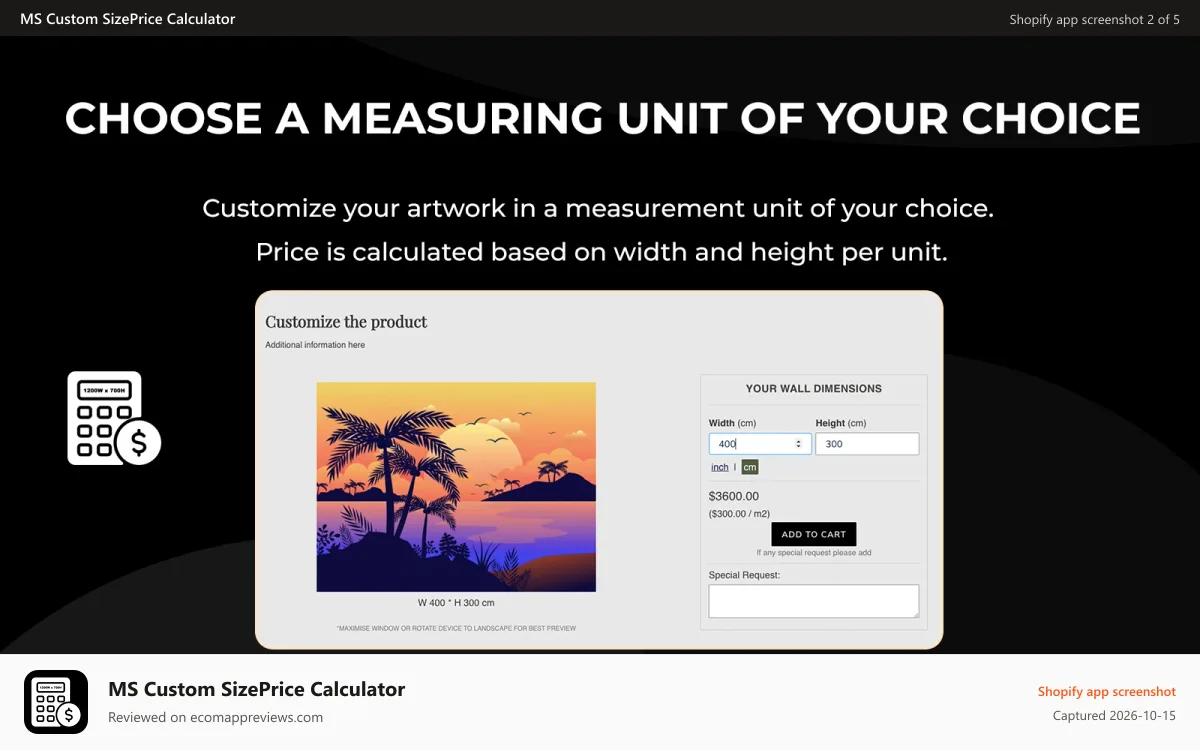 MS Custom SizePrice Calculator Shopify app screenshot: Custom Size and Price Calculator