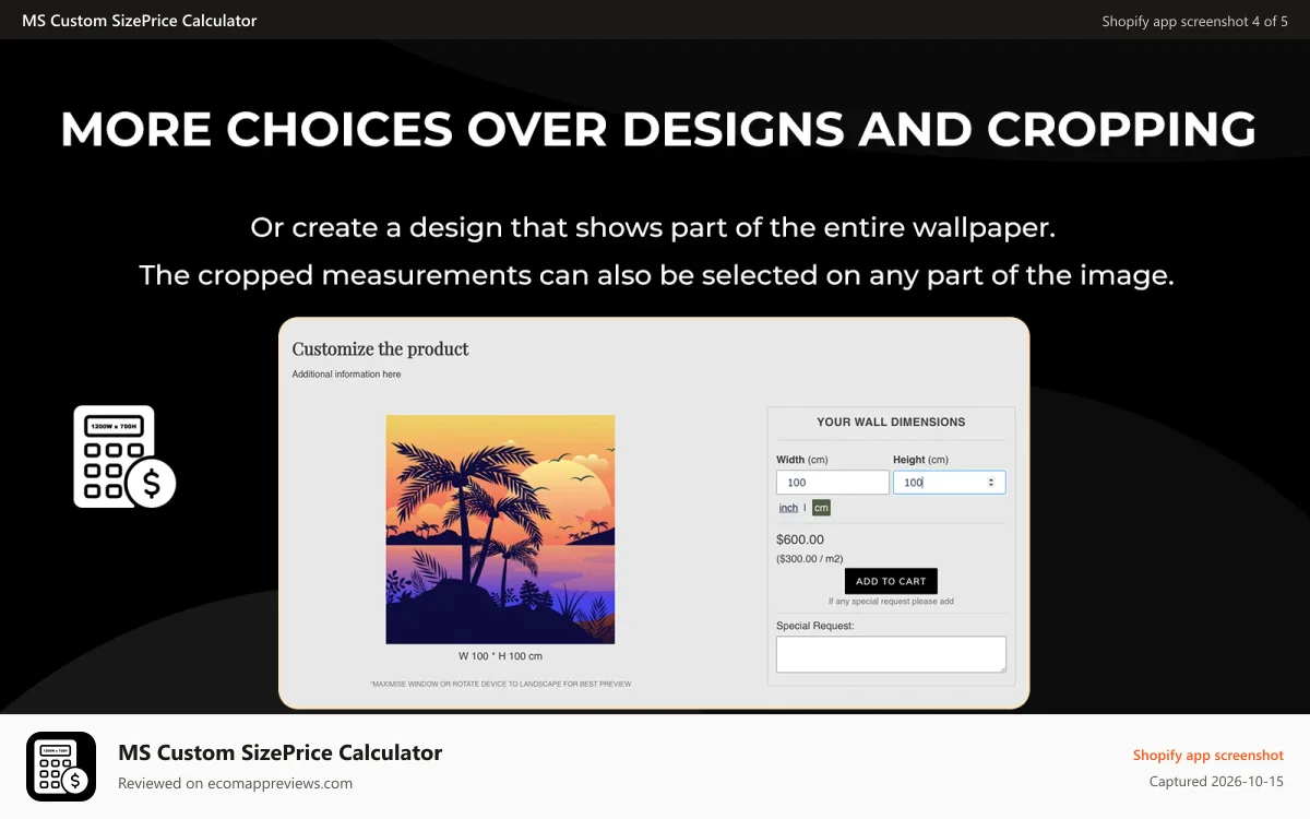 MS Custom SizePrice Calculator Shopify app screenshot: Price Calculator and Visualizer for Custom Products