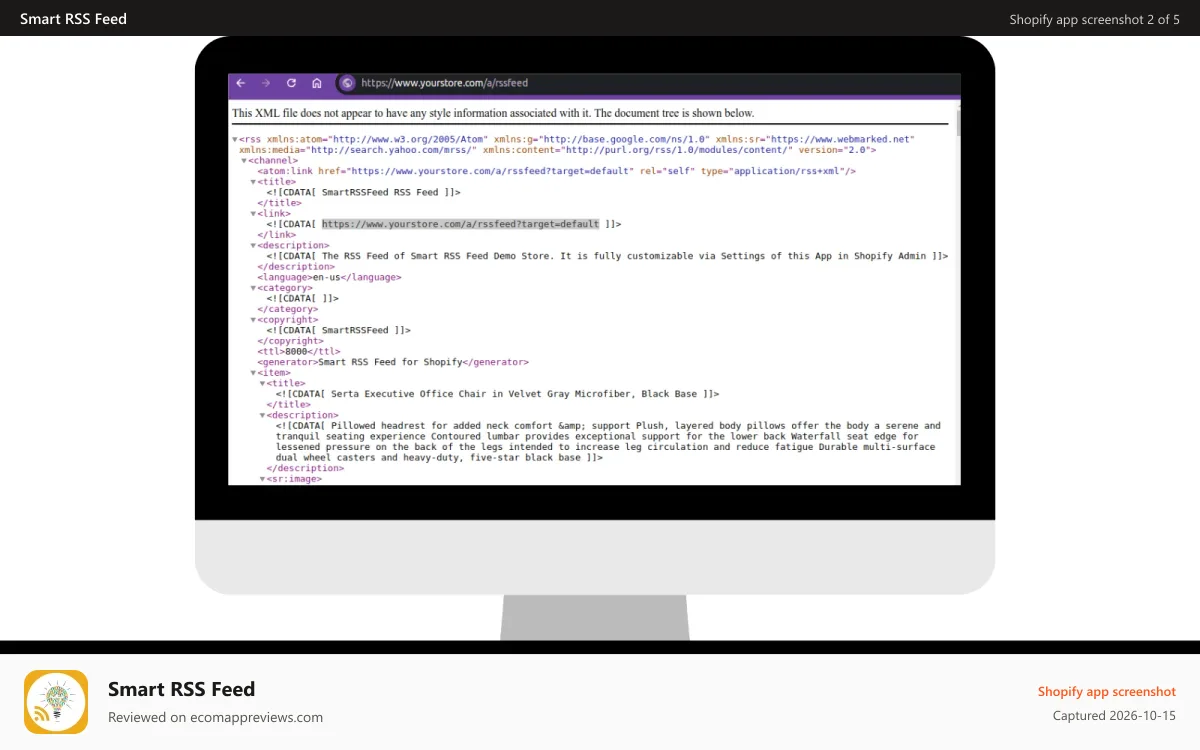Smart RSS Feed Shopify app screenshot: The output RSS Feed generated by the app on your Store