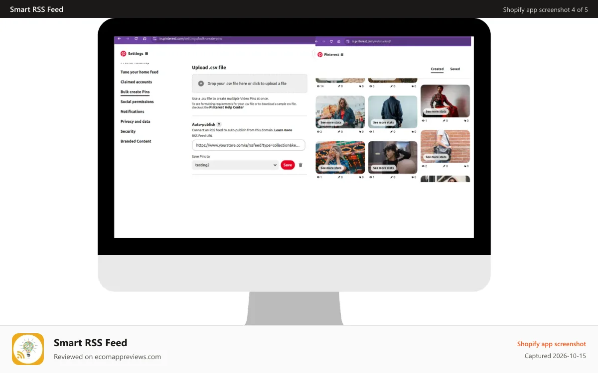 Smart RSS Feed Shopify app screenshot: Use RSS Feed to automatically generate pins on Pinterest
