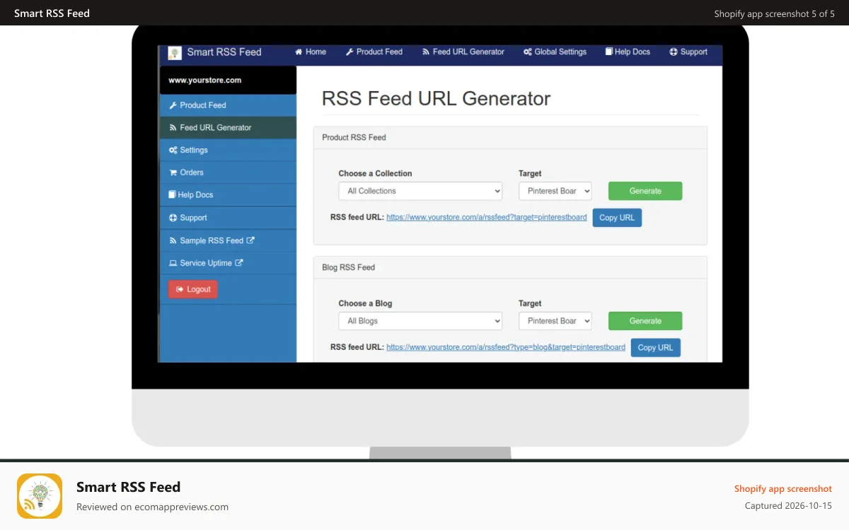Smart RSS Feed Shopify app screenshot: RSS Feed URL Generator