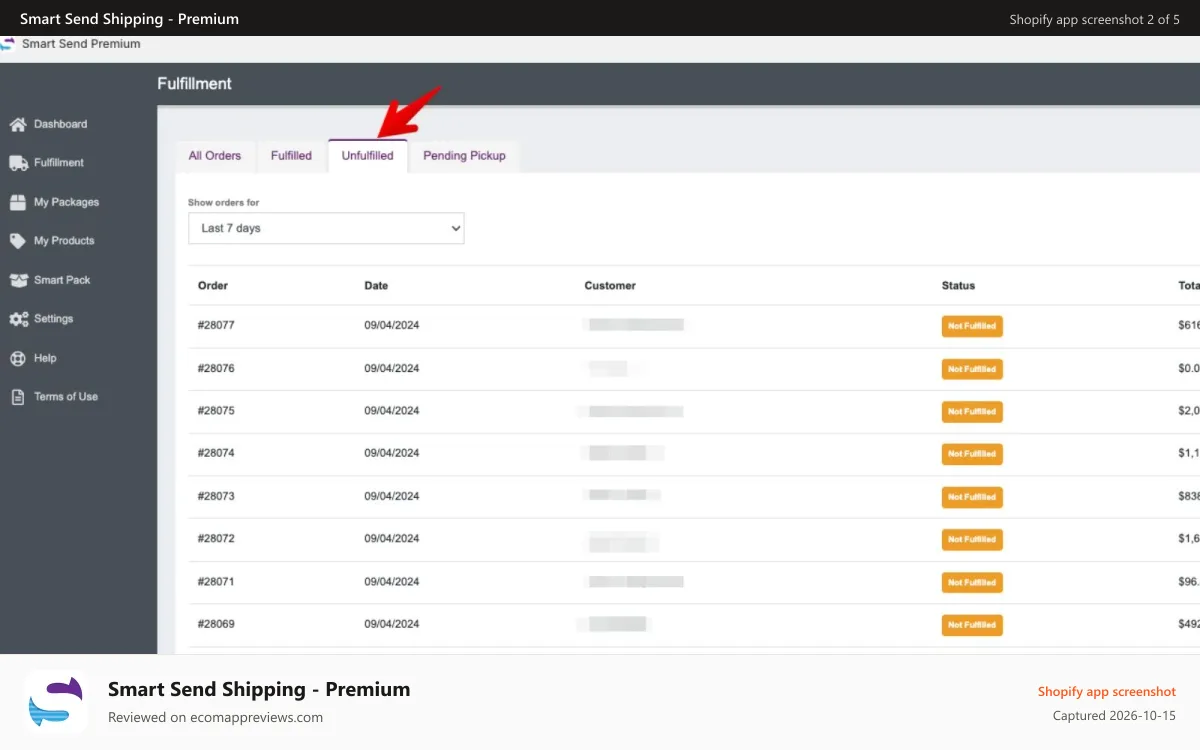 Smart Send Shipping ‑ Premium Shopify app screenshot: Fulfillment page