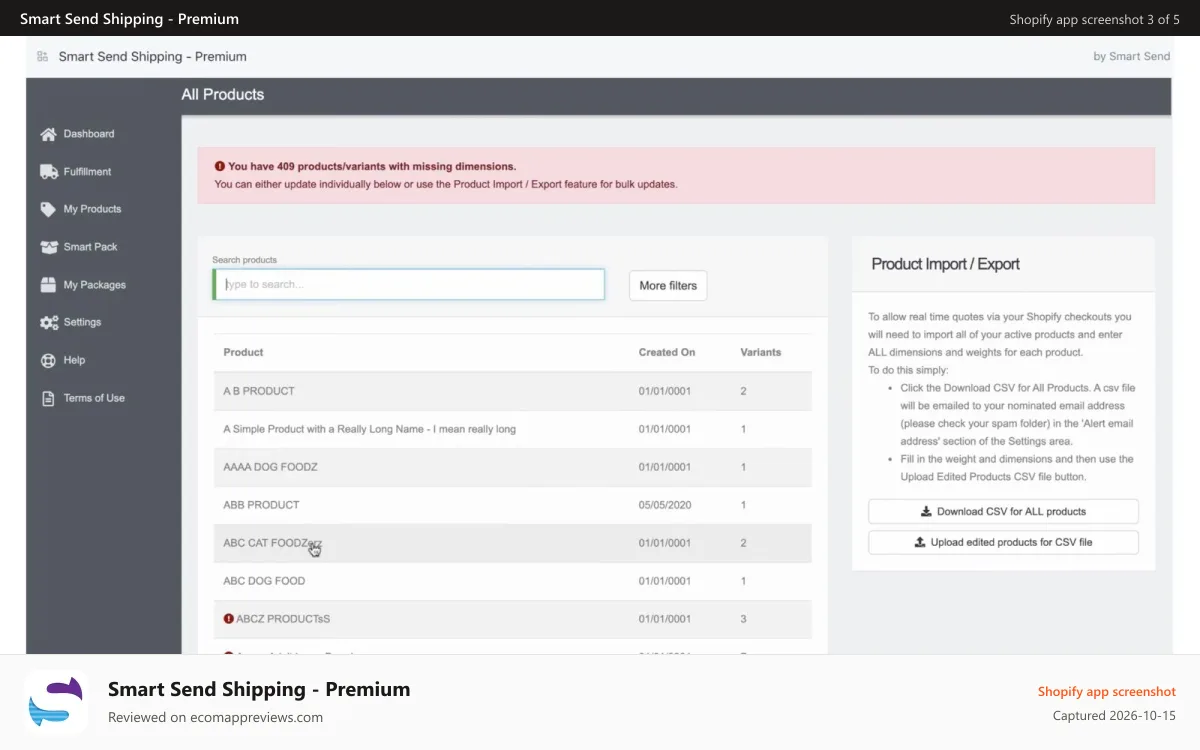 Smart Send Shipping ‑ Premium Shopify app screenshot: Products page