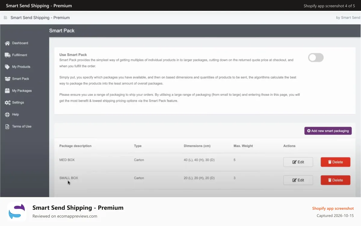 Smart Send Shipping ‑ Premium Shopify app screenshot: Smart Pack Page