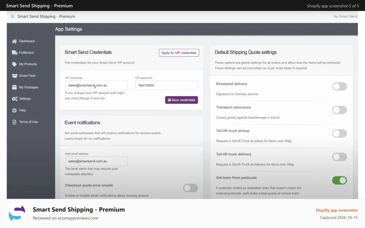 Smart Send Shipping ‑ Premium Shopify app screenshot: App Settings